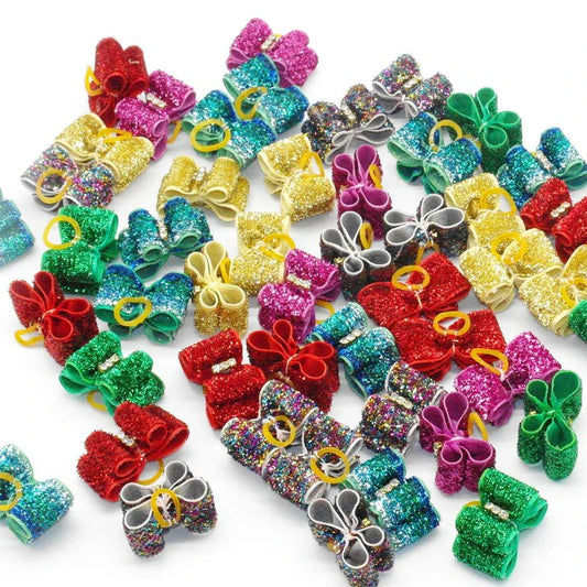 Glittery hair bows for dogs in various quantities, made with premium nylon for long-lasting durability and a sparkling finish.