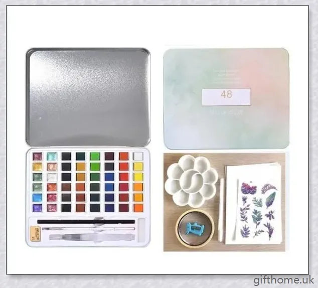 A set of vibrant watercolour paints with a glittering, iridescent effect, including brushes, a palette, and paper for a complete painting experience.