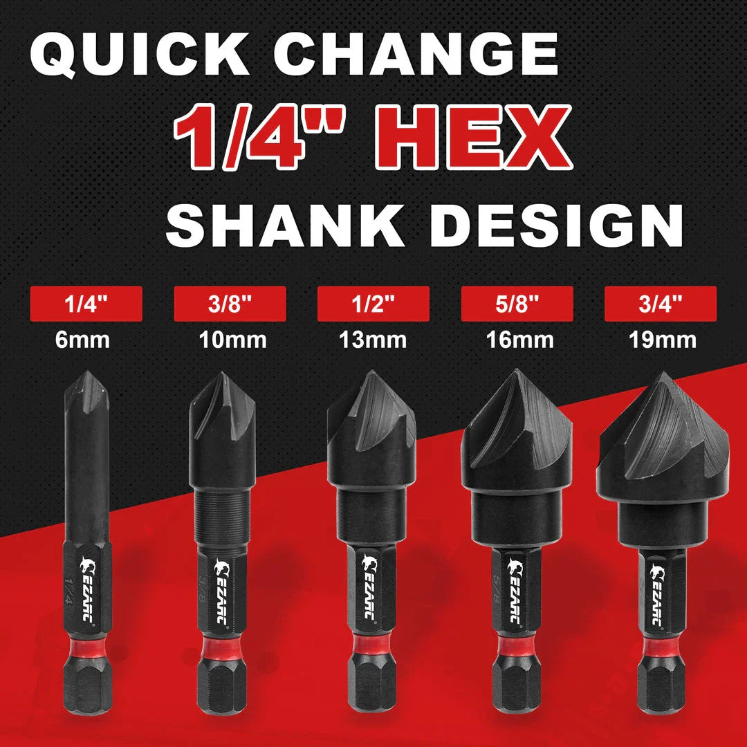 5-piece high-speed steel countersink drill bit set in black and red, featuring 1/4" to 3/4" bit sizes and a 1/4" hex shank for power tool compatibility