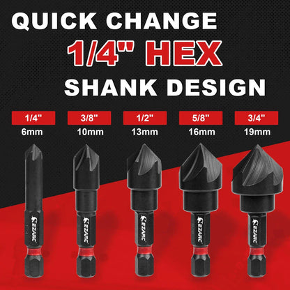 5-piece high-speed steel countersink drill bit set in black and red, featuring 1/4" to 3/4" bit sizes and a 1/4" hex shank for power tool compatibility