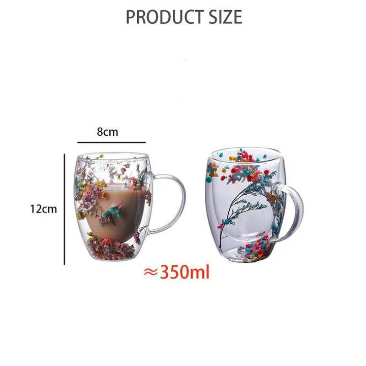 Elegant double-walled glass tea mug with captivating floral display, perfect for hot and cold beverages