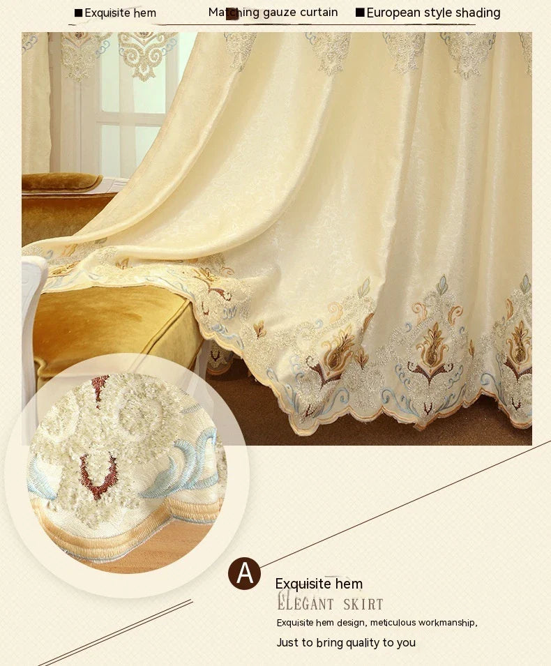 Elegant European-style embroidered mesh curtains in beige and grey colours, providing excellent sun shading and premium quality for living rooms and bedrooms.