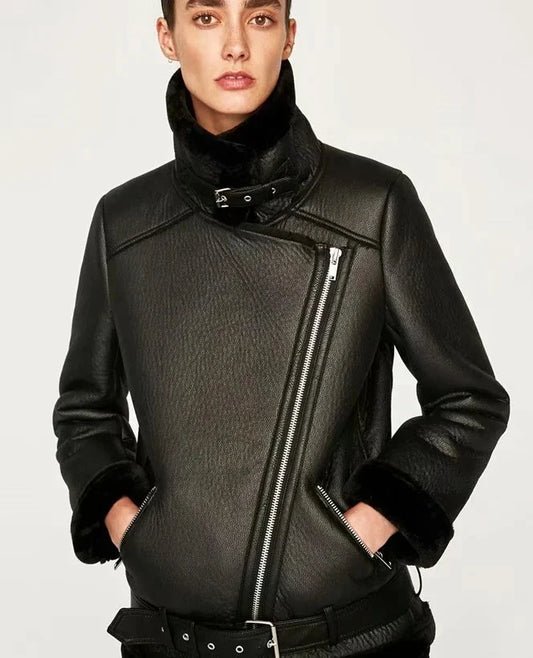 Stylish ladies' PU leather jacket with trendy belt in black colour