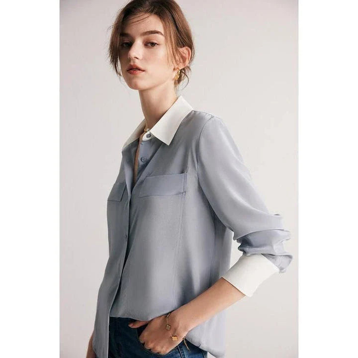 Sophisticated 100% Mulberry silk crepe de chine dress shirt for stylish women in the UK, offering elegance, comfort and versatility.