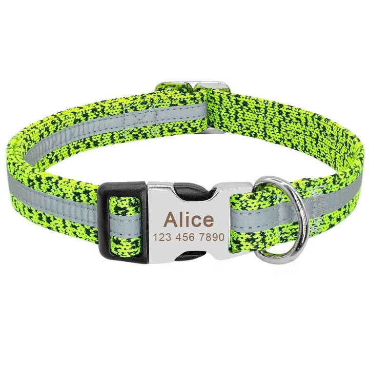 A stylish and reflective dog collar made from high-quality nylon material for enhanced visibility and safety.