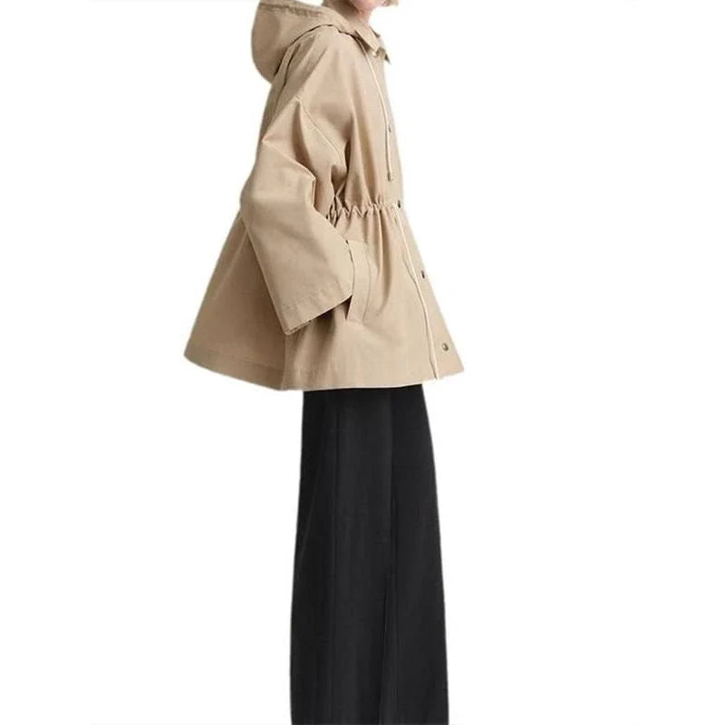 Elegant hooded trench coat in solid colour for middle-aged women, with adjustable drawstring waist and single-breasted closure