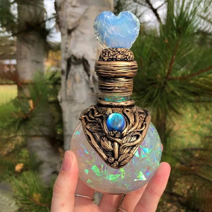 Shimmering resin mermaid bottle with iridescent tail, bathed in moonlight and captivating ambience