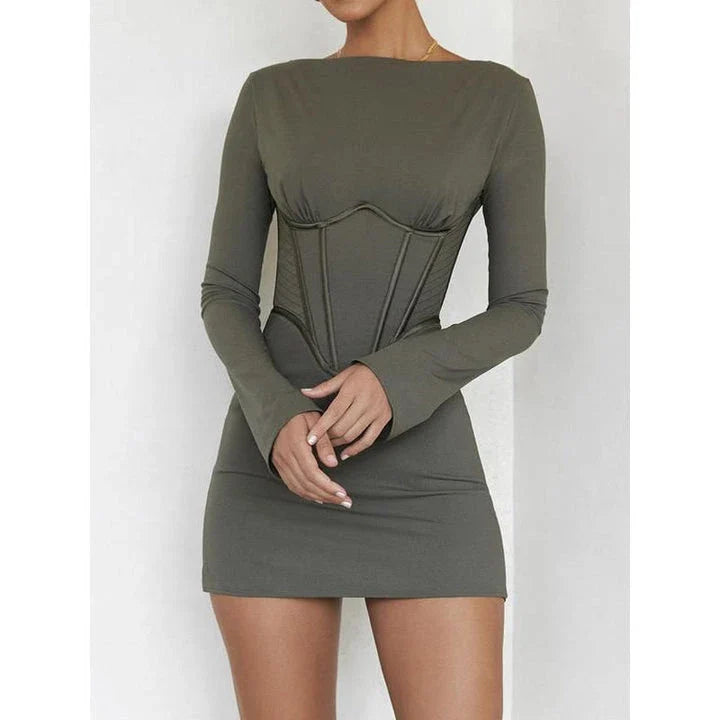 Elegant backless mini dress with full sleeves, made from a premium cotton-polyester blend for comfort and durability.