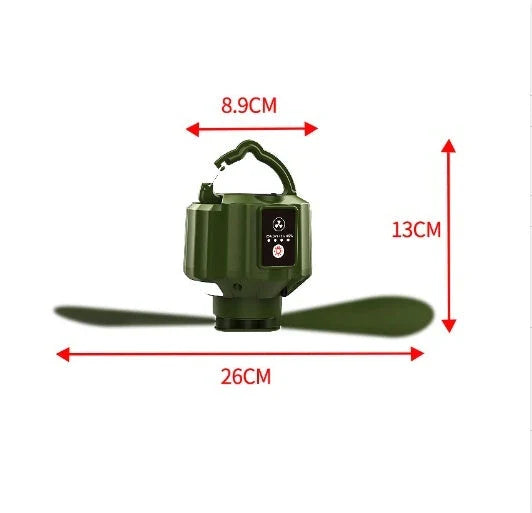 Premium camping tent with integrated fan and lamp in dark green colour