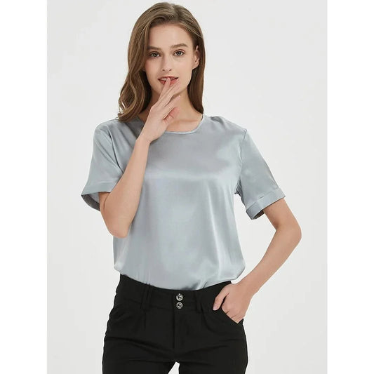 Elegant navy silk t-shirt with a classic, versatile design for the modern British woman's summer wardrobe