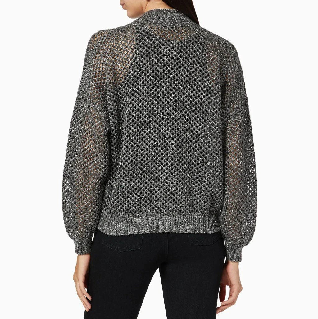 Elegant sequin-embellished linen blend knit top with O-neck collar and long sleeves