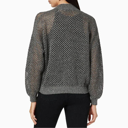 Elegant sequin-embellished linen blend knit top with O-neck collar and long sleeves