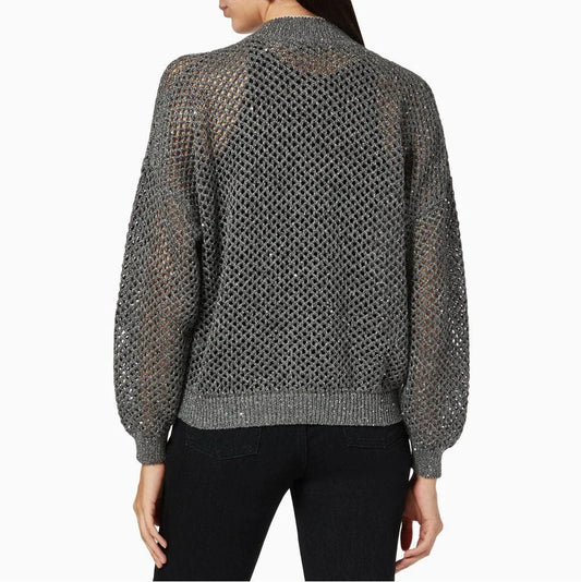 Elegant sequin-embellished linen blend knit top with O-neck collar and long sleeves