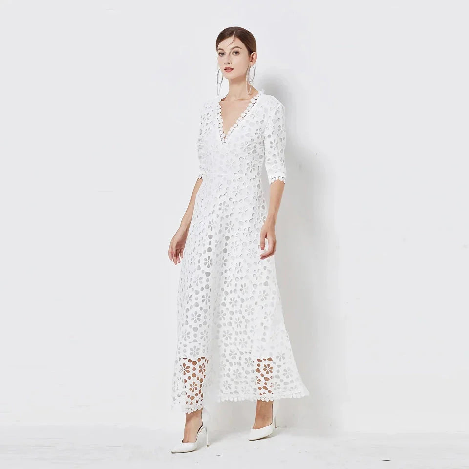 Elegant V-Neck Lace Midi Dress in white with a sophisticated silhouette and stylish details