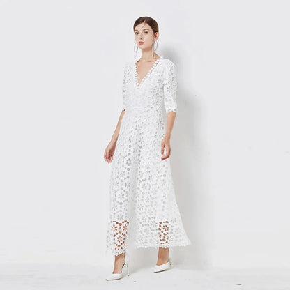 Elegant V-Neck Lace Midi Dress in white with a sophisticated silhouette and stylish details