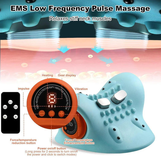 Premium neck stretcher pillow with EMS massage, heat therapy, and cervical traction for relieving neck pain and tension