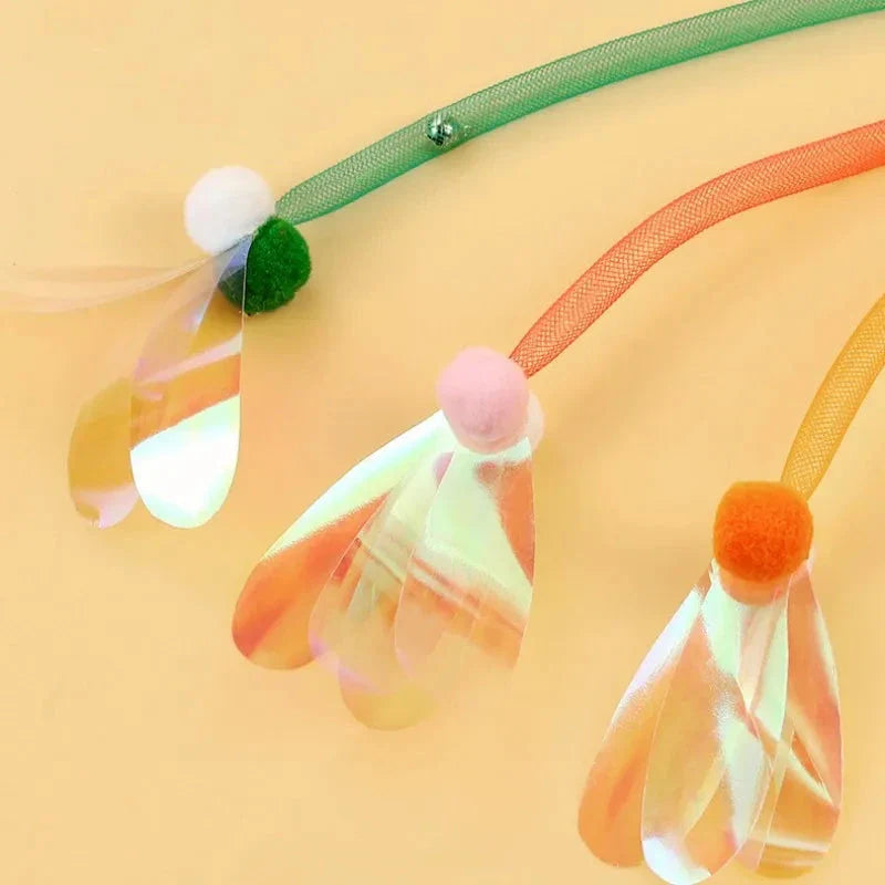 Interactive cat toy with butterfly teaser, bell, and wool ball for entertaining and engaging your feline companion
