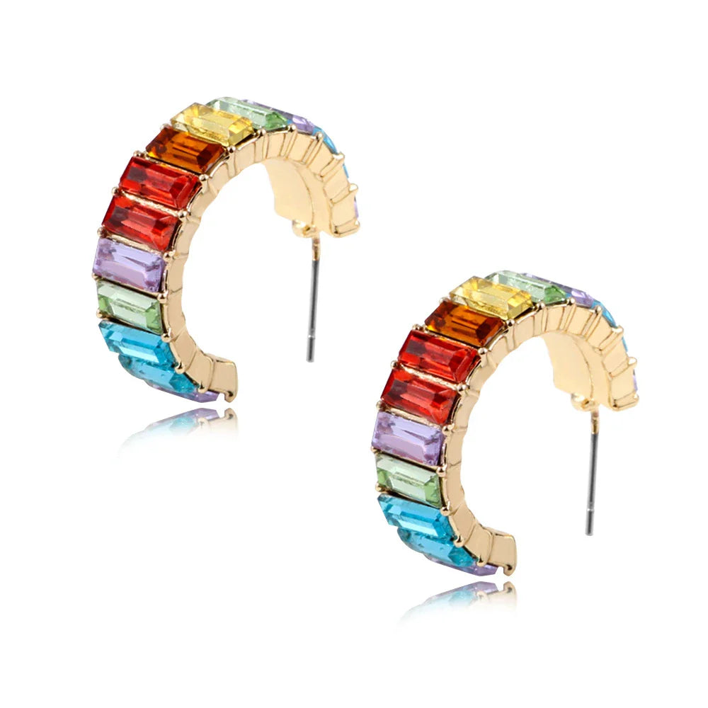 Multicolour glass diamond C-shaped earrings with alloy-inlaid artificial gems and semi-precious stones