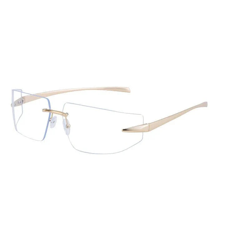 Elegant rimless rectangular sunglasses with a sleek, minimalist design and contemporary silhouette