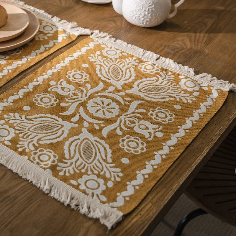 A beautifully crafted jacquard-woven table runner with a geometric pattern in contrasting colours, perfect for elevating your home decor