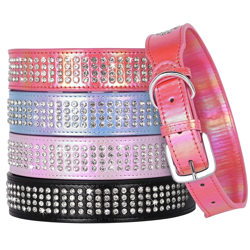 Dazzling rhinestone dog collar made from premium PU leather, available in multiple sizes and colours for medium and large dogs