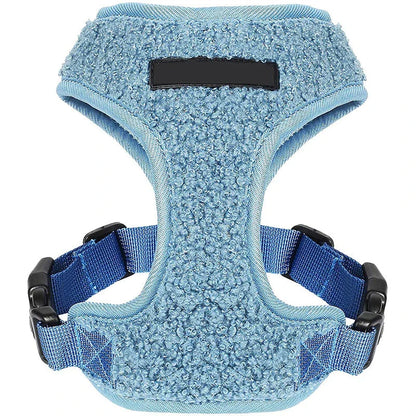 Adjustable breathable fleece dog harness and leash set in various sizes and colours