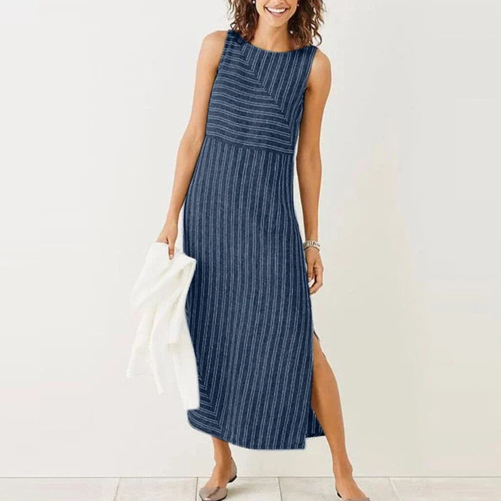 Sleeveless maxi dress with geometric stitching pattern, made of premium cotton and linen blend