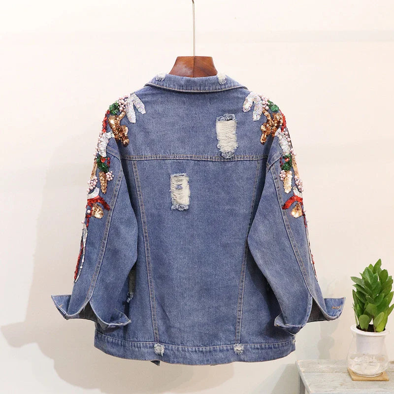 Premium embroidered denim jacket with slimming beaded sequins in a relaxed, flattering fit