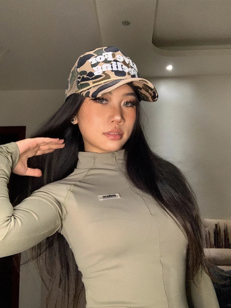 Stylish camouflage curved brim hat with embroidered lettering from Trendha