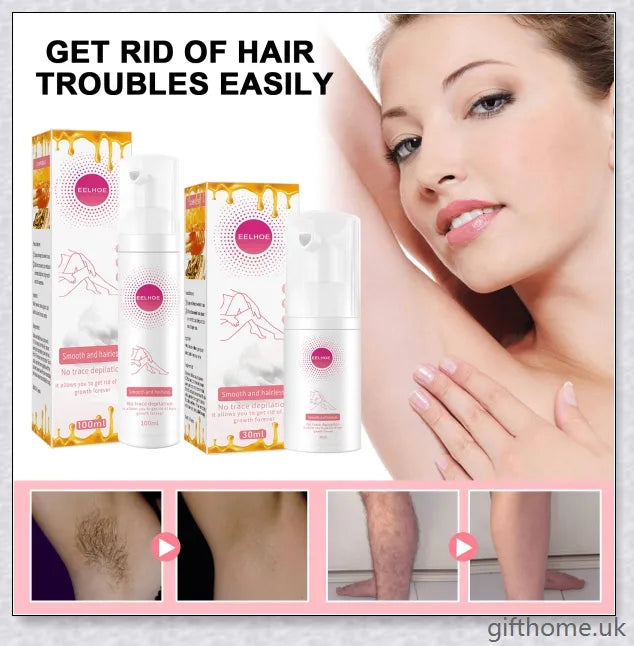 100% Natural Hair Removal Spray that gently dissolves unwanted body hair, leaving skin soft and smooth