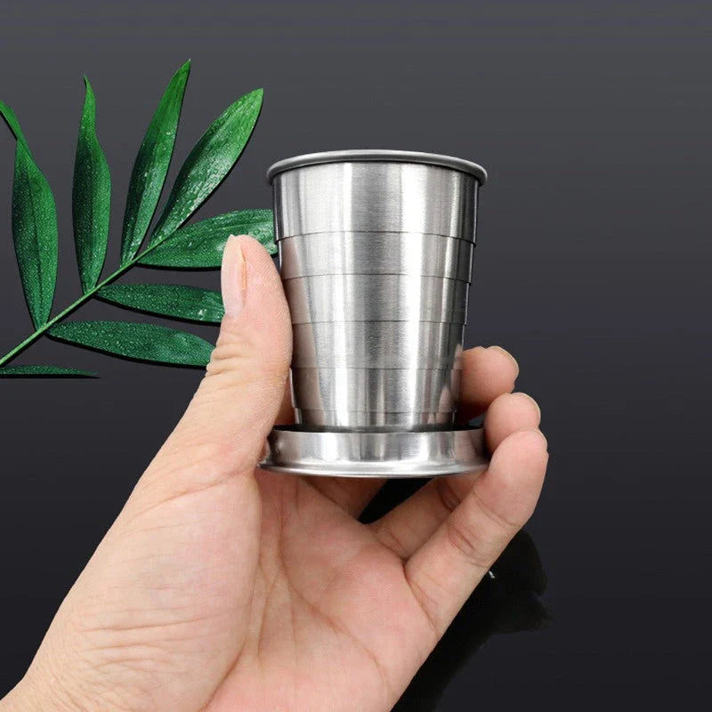 Compact Stainless Steel Folding Cup in three different sizes, perfect for outdoor activities like camping, hiking, and picnics.