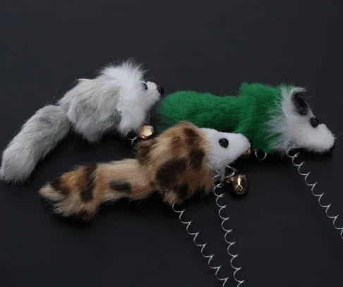 Colourful mouse-shaped cat toys made of plush and plastic materials, designed to engage your feline friend's natural hunting instincts and encourage interactive play.