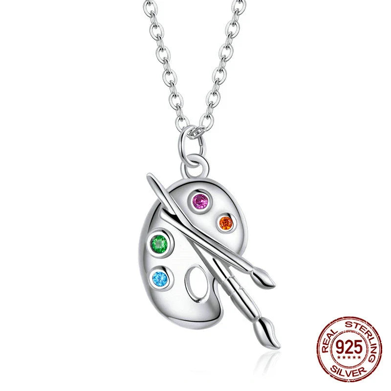 Elegant 925 silver necklace with white gold plated palette design and adjustable chain