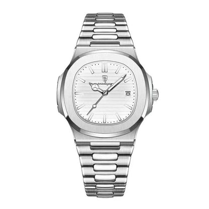 Refined Square Quartz Timepiece with stainless steel band, luminous hands, and water resistance up to 30 metres