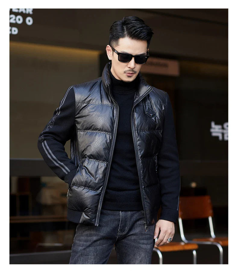 Warm and weatherproof men's down jacket with stand collar and knitted sleeves, made from premium polyester fibre and filled with luxurious duck down