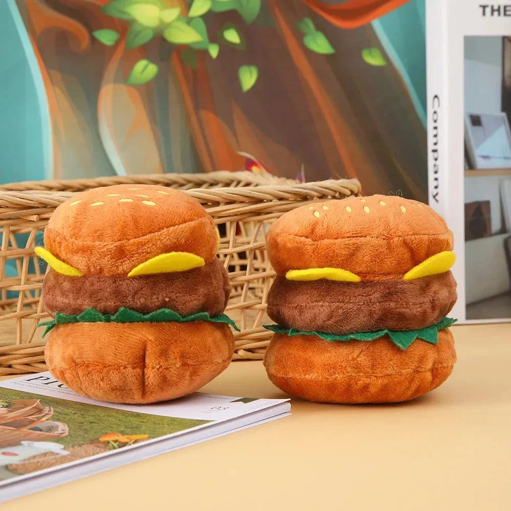Adorable plush squeaky burger toy for dogs and cats, designed for long-lasting play and chewing comfort