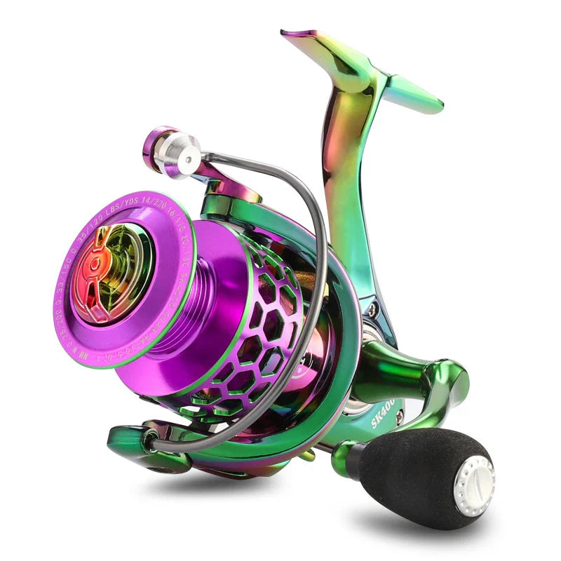 Multicoloured spinning reel with honeycomb design for fishing, featuring durable construction and smooth performance