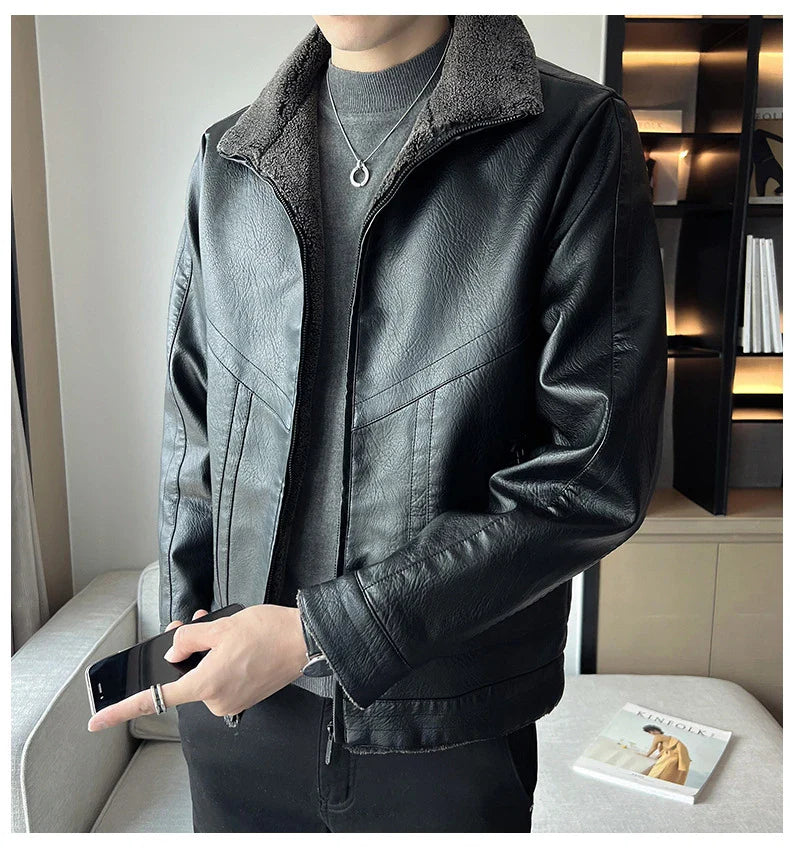 Premium plus-size leather jacket in classic Hong Kong style with velvet padding for exceptional comfort and warmth