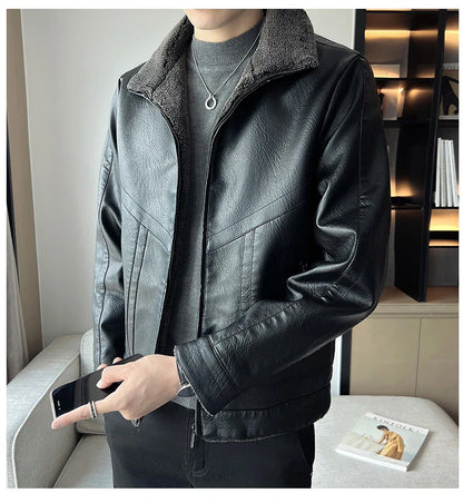 Premium plus-size leather jacket in classic Hong Kong style with velvet padding for exceptional comfort and warmth