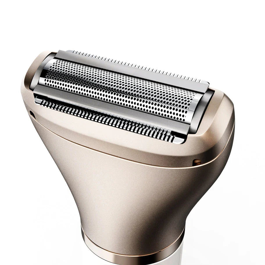 Sleek and efficient electric ladies shaver with hypoallergenic hair removal kit, wireless hand-held design, and IPX7 waterproof capability for flawless grooming