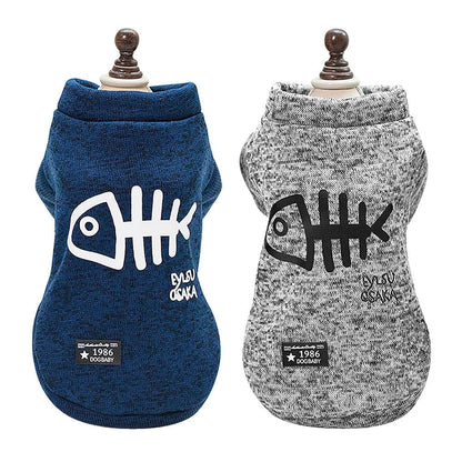 Stylish fish bone printed dog hoodie in gray and blue colours, perfect for keeping small pups warm and cosy in the UK