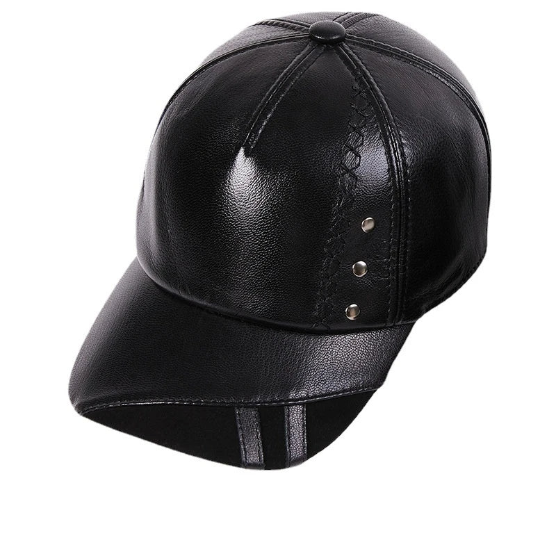 Premium genuine leather British baseball cap in black and brown colours, featuring an adjustable free-size design and dome-shaped crown