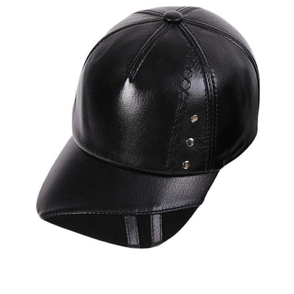 Premium genuine leather British baseball cap in black and brown colours, featuring an adjustable free-size design and dome-shaped crown