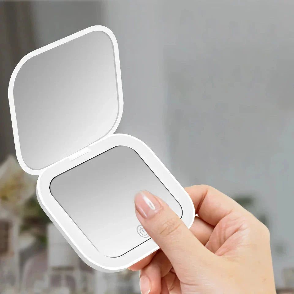 Compact LED-Lit Folding Makeup Mirror with 2x Magnification for Precise Makeup Application