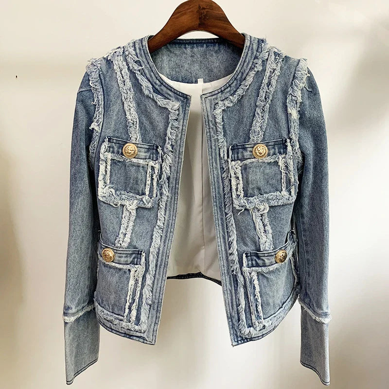 Trendha denim jacket with fringe stitching, lion head buckle, and slim-fit silhouette