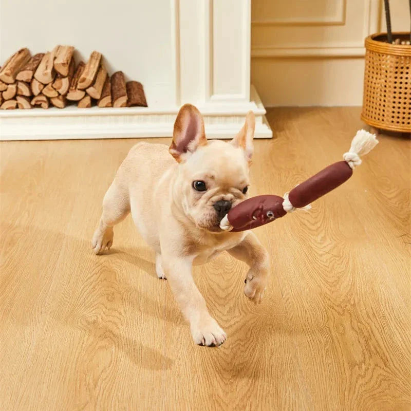A durable cotton rope and vinyl sausage chew toy for pets, designed to provide interactive play and promote dental health.