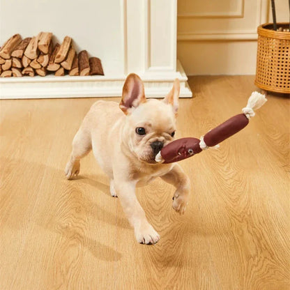 A durable cotton rope and vinyl sausage chew toy for pets, designed to provide interactive play and promote dental health.