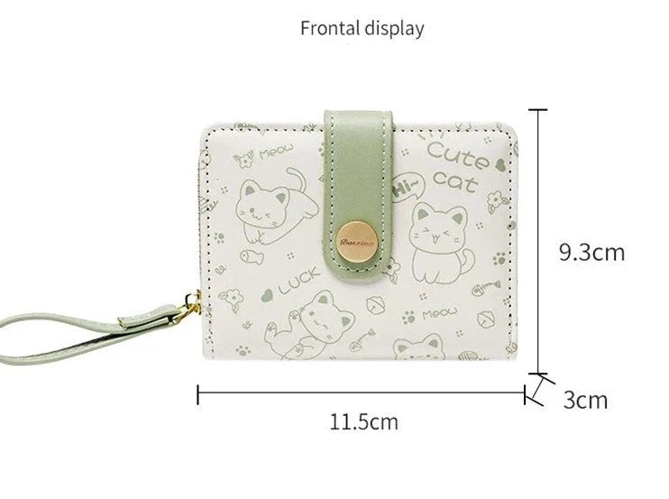 Stylish cat-themed compact wallet with zippered coin pocket, card slots, and key storage