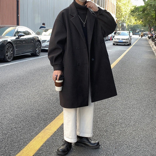 Elegant and Warm Oversized Long Coat in premium polyester fabric with suit collar and double-breasted closure