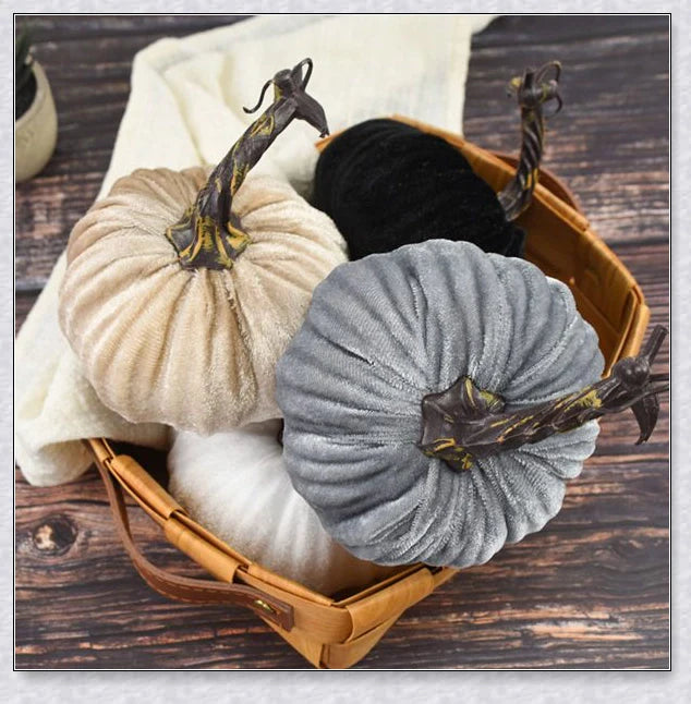 Punki Mini Velvet Halloween Pumpkins in various autumn colours, including orange, burgundy, green, and navy.